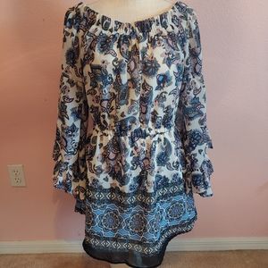 🐸Hint Of Blush Dress Womens Size M Off Shoulder Blue Floral Tunic Flared Cuffs